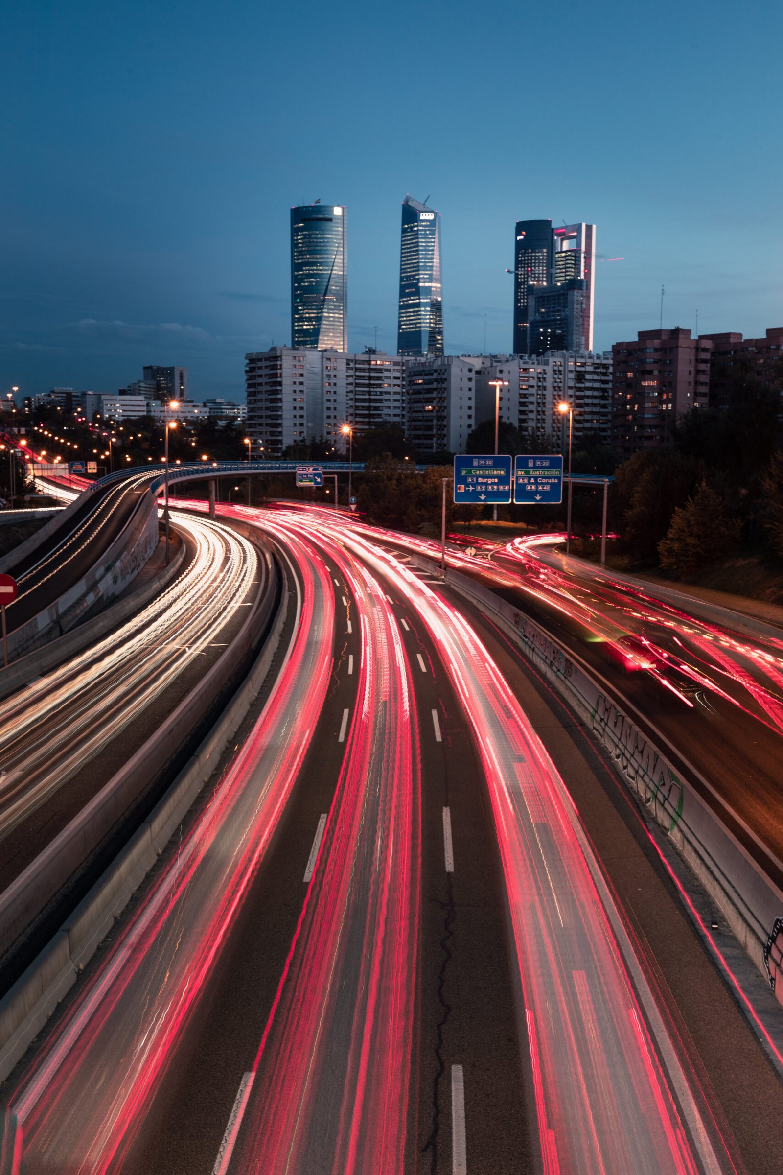 Highway and Madrid's four towers, Spain.
